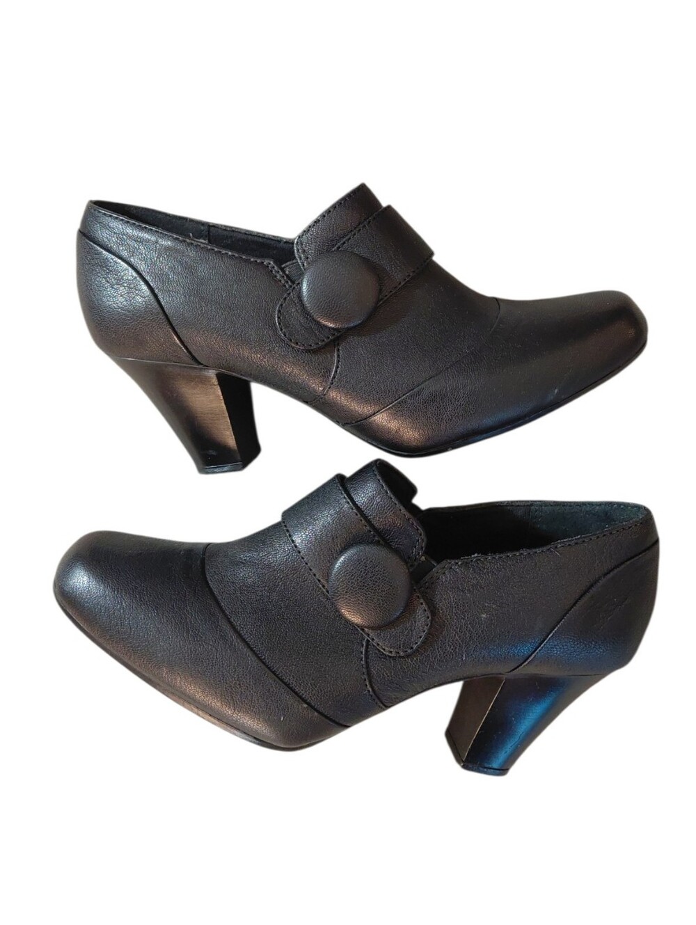 Clarks Bendables Black Leather Button-Strap Mary Jane Style Heeled Shoes Sz 7.5